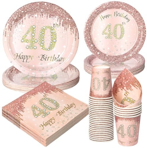 PARTY GO 96 Pcs Happy 40th Birthday Tableware Set, Rose Gold Paper Plates Cups and Napkins, Disposable Dinnerware Party Decorations for Women,Men 40th Birthday Party Supplies Serve 24 Guests