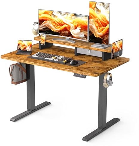 WALKINGDESK Höhenverstellbarer Schreibtisch Elektrisch mit Schubladen, 100 x 60 cm Stehpult mit Monitorständer und Handyhalter, Standing Desk für Home Office Büro, 3 Haken, Rustikales Braun