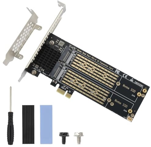 ELUTENG Dual M.2 NVMe PCIe Adapter mit Kühlkörper, PCIe M.2 Adapterkarte für M-Key & B+M-Key, 2230/2242/2260/2280 SSD, NVMe PCIeKarte mit Low-Profile-Bügel, Kompatibel mit PCI-Express X1/X4/X8/X16 St