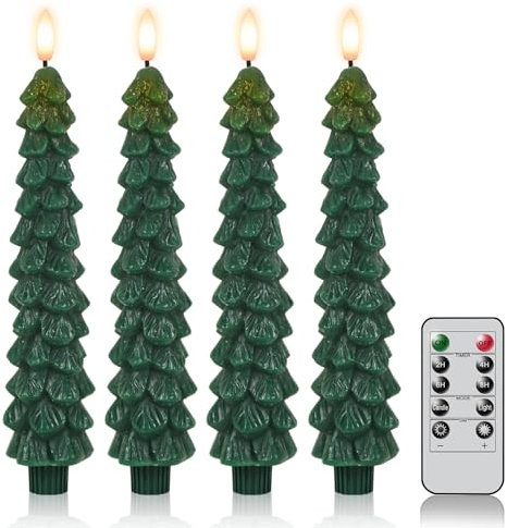 Eldnacele Weihnachtsbaumkerzen mit Fernbedienung und Timer, 4 Stk Wachs-LED Stabkerzen Flackernd, Batteriebetriebene Flammenlose Kerzen mit 3D Docht, Grüne Kerzen für Kamin- und Wohnungsdeko