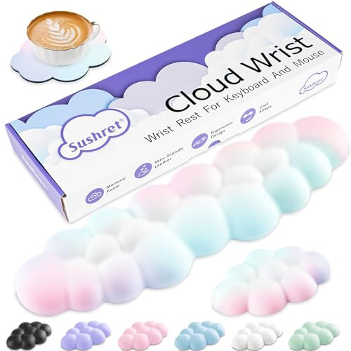 Cloud Wrist Rest Keyboard, Cloud Keyboard Wrist Pad Set with PU Leather Memory Foam, Cute Arm Rest for Palm Support, PC/Gaming Desk Accessories/Office Setup/Computer Hand Cushion - Rainbow