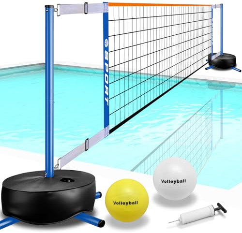 Furypiont Filet de volleyball de piscine – Système de filet de volleyball portable intérieur/extérieur avec 2 balles de volleyball d'eau et base robuste