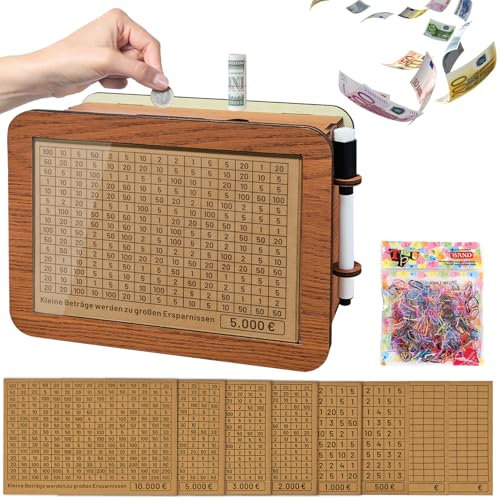 Spardose mit Zähler, Sparbox mit Zahlen Ankreuzen, Retro Sparschwein aus Holz mit Zähler, Sparbüchse mit Sparziel 500 1,000 2,000 3,000 5,000 10,000 Euro, Geldsparbox für Kinder Erwachsene
