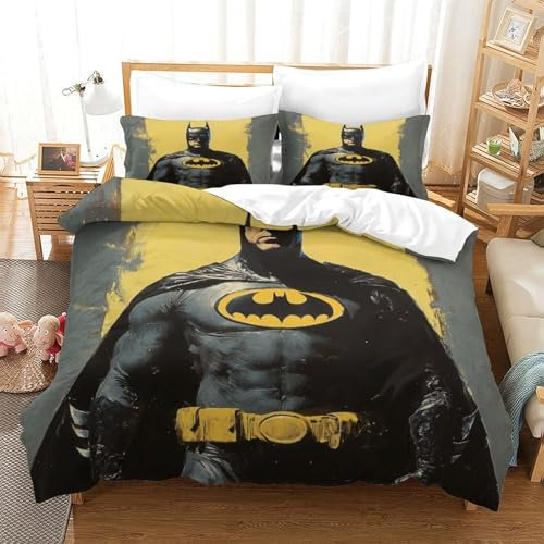 SUFFERBOW Batman Mädchen Junge Kinder Bettbezug Set 3D Gedruckter Superhelden Bettwäschegarnitur Bettwäsche Reissverschluss Und Kissenbezüge Weich Microfaser 3 Teilig Single(140x200cm)