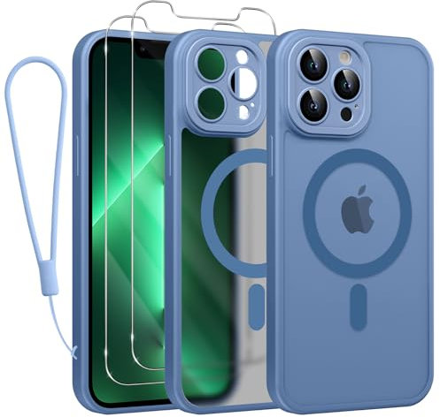 Phoona Cover Magnetica per iPhone 13 Pro Max 6,7 con Cordino e 2 Pellicole in Vetro Temperato, Compatibile con Magsafe, Custodia Traslucida Opaca Resistente Antiurto Sottile Protettiva Case, Blu