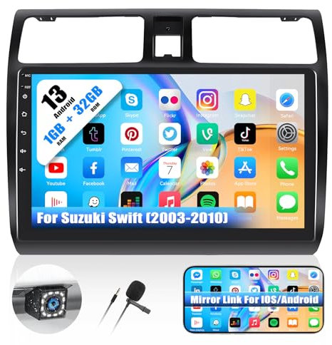 Android 13 Autoradio Dual Din 2+64GB für Suzuki Swift 2003-2010 mit Mirror Link, 10.1 Zoll HD 1080P Touchscreen mit Bluetooth WiFi GPS-Navigation FM/RDS USB SWC+Rückfahrkamera&Mic