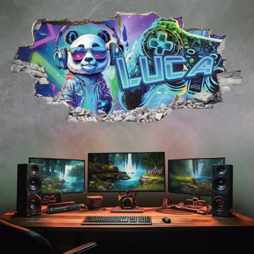 tjapalo® Wandtattoo Panda Gamer Mit Name Personalisiert - 3D Kinderzimmer Jungen Bild, Gaming Zimmer Deko, Wandbild Für Teenager, xp3