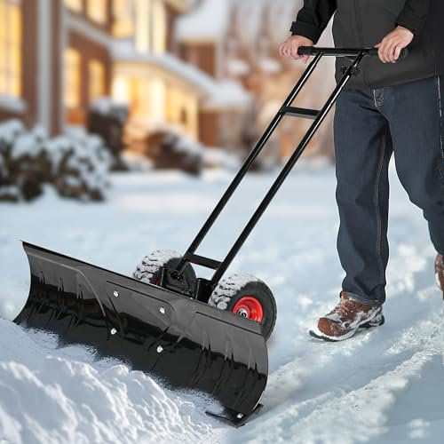 sogesfurniture Pelle à neige sur roues réglable en hauteur, déneigement confortable avec lame à neige réglable sur 7 positions, pelle à neige qui ménage le dos, outil de déneigement pour allée,
