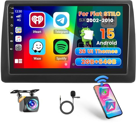 Hikity 2G 64G Autoradio Navi Für FIAT STILO 2002-2010 Mit Wireless CarPlay Android Auto Mirror Link, 9 Zoll Touchscreen Android 15 Bluetooth Radio mit GPS EQ WiFi FM RDS SWC MIC Rückfahrkamera