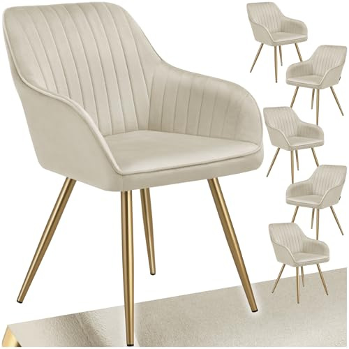 tectake® Set of 6 Dining Chairs with Quilted, Velvet-Look Covers, Softly Padded Armchair Set with Continuous Backrests & Golden Steel Legs, Ideal Kitchen, Living Room & Desk Chairs - Cream/Gold