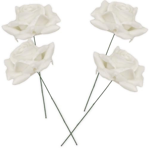 matches21 HOME & HOBBY Wachs-Rosen 4er Set weiß - dauerhaft haltbare Textil-Rosen mit Wachs-Blüten