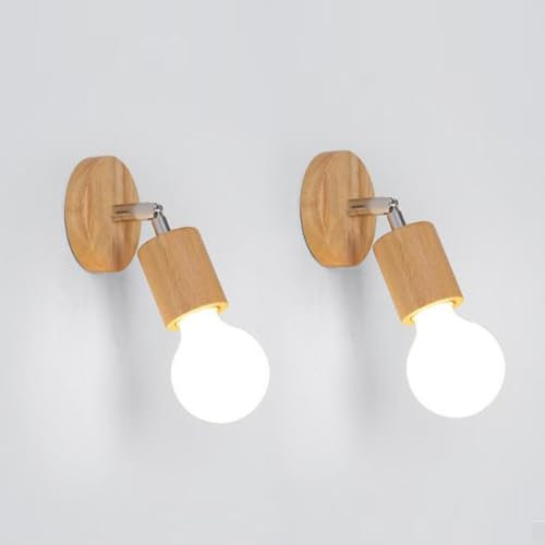 LIGKIN 2 Stück Wandleuchte Holz Retro Wandlampe Deco Wandstrahler 350° Drehbare Wandbeleuchtung Industrielle Wandleuchte E27 Deckenleuchte Innen für Flur Zimmer Bar (Rund)