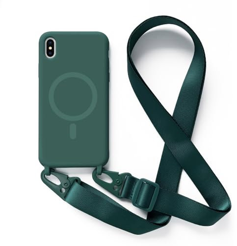 Leather Armor Handykette Hülle für iPhone XR mit Band Halsband Lanyard (abnehmbar) Handyhülle, Verstellbarer Lanyard.Magnetisch Stoßfest Silikonhülle Wireless Charging kompatibel .-Grün