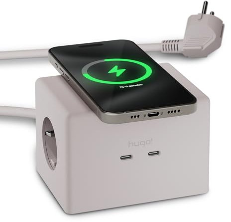Brennenstuhl Hugo! ONE 2nd Gen. Steckdosenwürfel mit USB C 20W PD, Wireless Charger (Steckdosenleiste USB C, Touch-Schalter, induktive Ladestation mit 2m Kabel) Cream White