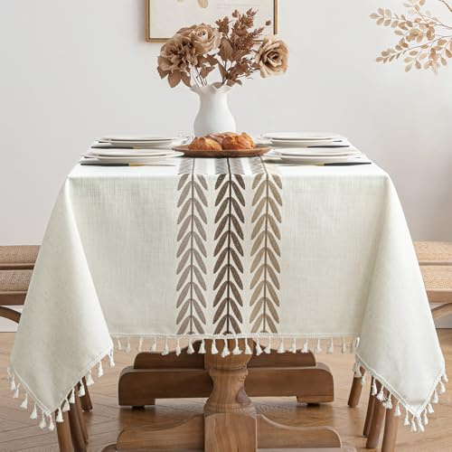 MIULEE Tischdecke Leinenoptik Beige Boho Blätter 1er Set 140x200cm | Tischdecke Abwaschbar Table Cloth Boho Tischdecke Quadratisch für Küchentisch und Outdoor Tischtuch