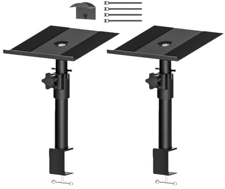 AsrMyjcx Clamp Desktop Speaker Stand Speaker Support Tilt, Height Adjustable Studio Stands Desk Mount Shelf Tray for Subwoofer, 2 pieces