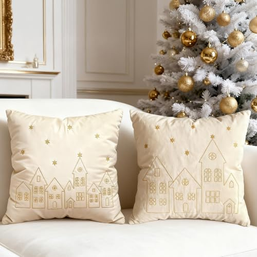 DN DECONATION Weihnachtskissenbezüge Set, Creme Weiße Flanell Kissenhüllen Gold Besticktes Dorf Bezüge für Couch Sofa Schlafzimmer Weihnachtsdekor (45x45 cm 2er Set)