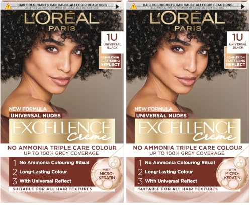 L’Oréal Paris Ammonia Free Permanent Hair Dye, 1U Universal Black, Complexion Flattering Reflects, Up to 100% Grey Coverage Hair Colour, All Hair Types, Excellence Crème Universal Nudes, 1 Application
