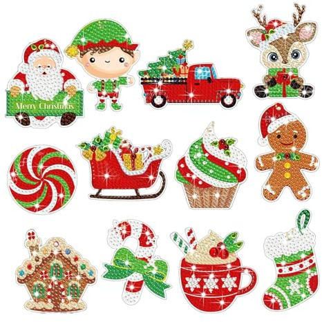 GFUEIGJ 12 Stück Diamond Painting Schlüsselanhänger Diamond Painting Weihnachten Diamonds Paintings Kinder, Weihnachten Schlüsselanhänger für Kann an Weihnachtsbäumen,Grußkarten