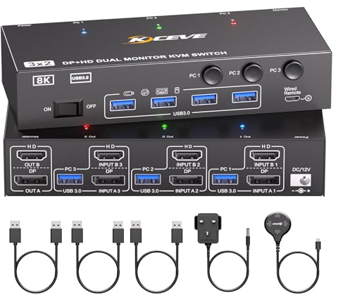 8K@60Hz HDMI Displayport Dual Monitor KVM Switch, ESKEVE KVM Switch 2 Monitor 3 computer Sharing 2 Monitor and 4 USB Devices, with Power Adapter, Wired Remote and 3 USB Cables