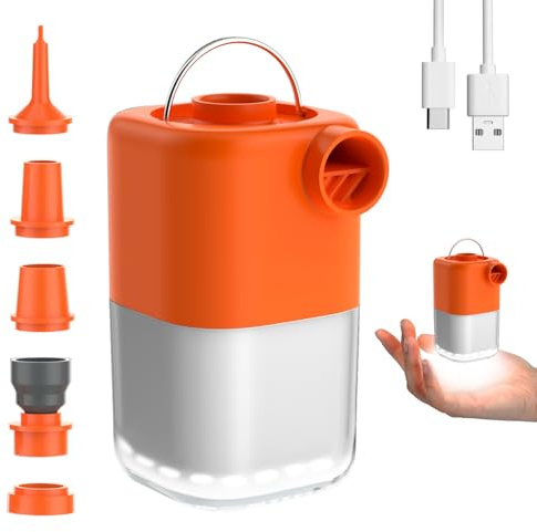 Tiny Air Pump, Portable Electric Air Pump, Mini Air Pump with 3 Brightness Levels & SOS Light Mode, Rechargeable, 4KPa Fast In/Deflating for Pool Floats/Air Bed/Vacuum Storage Bags, Orange