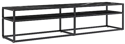 Homvdxl TV-Bank mit 2 Etagen, Glas, 180 cm breit, Entertainment-Center-TV-Schrank mit Stahlrahmen, Aufbewahrungseinheit, moderner TV-Konsolentisch für Wohnzimmer, Schlafzimmer, schwarzer Marmor
