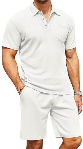 QUNERY Sommardräkt för herr 2 delar set slim fit jogging fritidskläder kortärmad pikétröja shorts set, Vit, XL