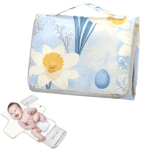 Matelas à langer réutilisable avec poche à mouchoirs, motif lys de Pâques, jonquilles, fleurs bleu clair, imperméable, avec oreiller intégré, cambiadores de pa?ales para Bebes