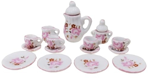 Service à thé Miniature en Porcelaine | Petit Service à thé, 15 pièces l'échelle 1:12, Mini Tasses en Porcelaine, théière, Assiettes, Maison de poupée Motif Rose pour Maison de poupée, Cuisine St