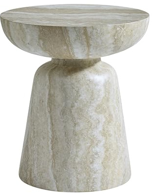 Round Accent Side Table with Bowl Top, Fiberglass with Sticker Finish, Modern Pedestal End Table for Living Room (Beige)