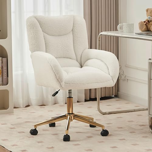 Switdo Moderner ergonomischer Höhenverstellbarer Drehstuhl mit weißem Teddy-Stoff, einzigartigem Nahtdesign und goldenem Metallgestell für Home Office