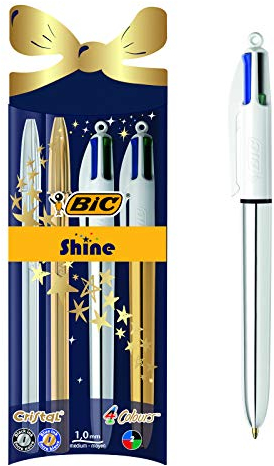 BIC 4 Farben Kugelschreiber Set 4 Colours Shine, inkl. 2 BIC Cristal Stifte, in je Gold und Silber, Ideal als Geschenk