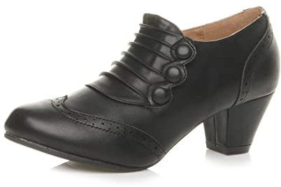 Womens Ladies mid Heel Buttons Zip Brogue Ankle Shoe Boots Booties, Black Matte, 4 UK