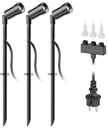 ledscom.de LED Gartenstrahler Spico schwarz mit Erdspieß für außen IP44 je 125lm kalt-weiß 3er Set