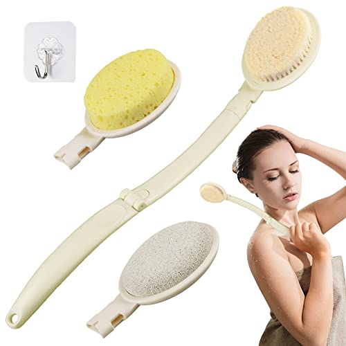 3 in 1 Rückenschrubber für Dusche, Rückencreme Applikator mit langem Griff Schwamm, Köpfe Bimsstein, Luffa Rückenschrubber für den Einsatz in der Dusche