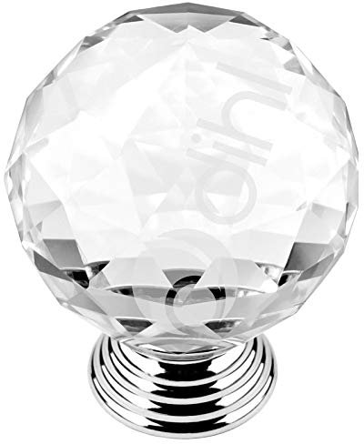 Dihl Crystal Glass Door Knobs, Pack of 4 Doorknobs, 31.5mm Wide, Diamond Shaped Cabinet Cupboard Dresser Wardrobe Drawer Pull Handles, Clear with Chrome Base, 4 PCS