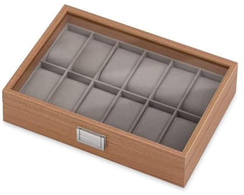 Maverton Scatola Porta Orologi con 12 divisori, Custodia Orologi in legno | Coperchio in vetro, Fodera in velluto grigio, idee regalo