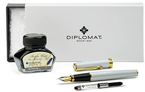 Diplomat Excellence A2 Perlmutt Gold, Füllfederhalter mit Schreibtinte und Konverter, Füller mit Edelstahlfeder Stärke M, Füllhalter-Set