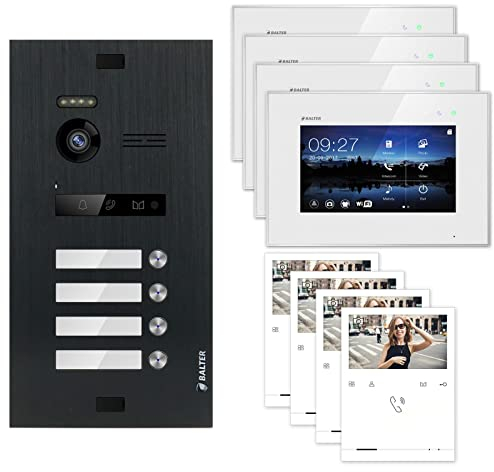 Nonic Balter EVO Black Video-Türsprechanlage WLAN 4 Familienhaus (1x Türstation mit Kamera, 4X 7 Zoll WiFi Monitor, 4X 4.3 Quick-Monitor, Smartphone APP Funktion, 2-Draht Bus, 150° Weitwinkel-Kamera)