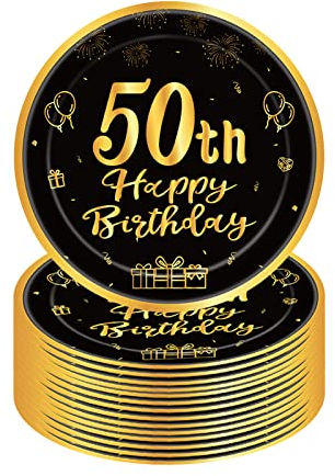 YAAVAAW Happy 50th Birthday Paper Plates 9''Black and Gold,16Pcs Disposable Tableware Party Plates,Happy 50th Birthday Decorations Plates ,Men,Him,Her 50th Birthday Party Supplies Table Decorations