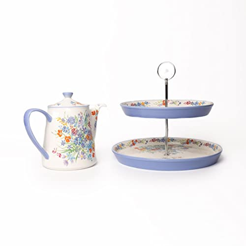 London Pottery Ceramic Teapot and Cake Stand Set - Viscri Meadow