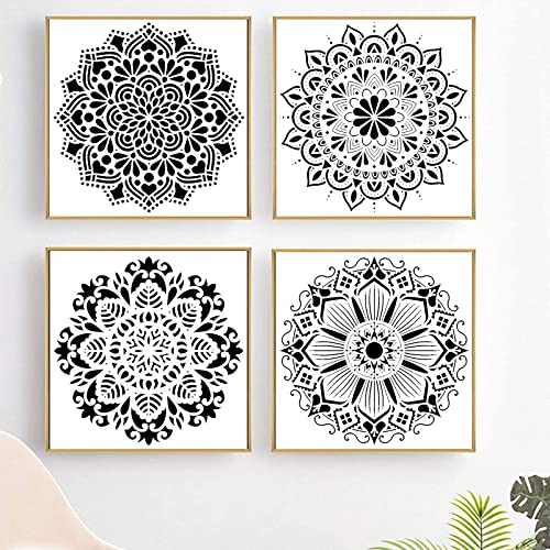 MUYAPAY Mandala Schablone, 4 Stück Groß Mandala Schablonen Stencils Kit, 30x30CM Wiederverwendbares Malerei Vorlage Zubehör,Mandala Schablone,für Wand Fliesen Segeltuch (Mandala Schablone)