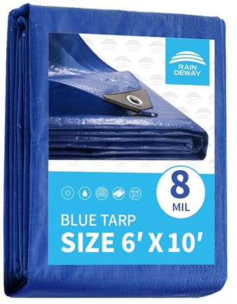 Lona azul de 6 x 10 pies, 8 mil, resistente a los rayos UV, duradera, multiusos, impermeable, cubierta de lona de polietileno con ojales de metal y bordes reforzados RAINDEWAY