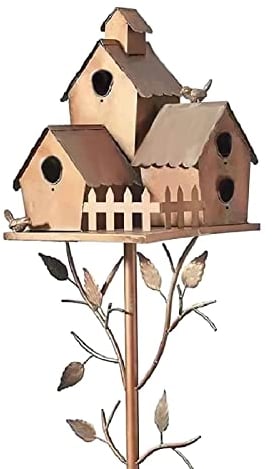 Metal Birdhouse, Metal Bird House with Pole, Handmade Copper Cottage Bird House Stakes, Hummingbird House Rustic Bird House Stand Decor for Garden Farmhouse Courtyard Backyard Patio Outdoors (E)