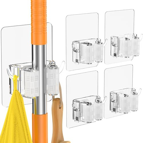 Broom Holder Wall Mount, 4 Pack Broom Holder Self Adhesive, Mop and Broom Holder Wall Mount