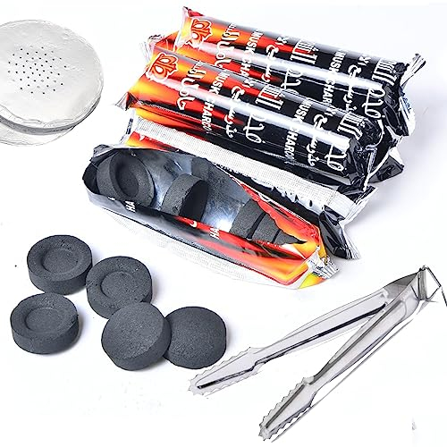 VOVCIG Holzkohletabletten Set mit Zange und 15 Stück Alufolie, Räucherkohle Schnellzünder Rollen Ø 33mm 30 Stück (3 Rolle)