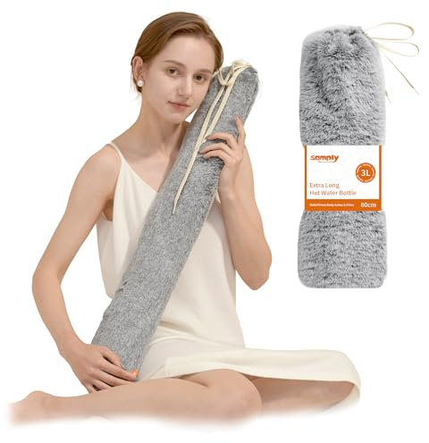 samply Lang Wärmflasche mit Bezug Flauschig, Groß Schlauch 3 Liter Long Hot Water Bottle mit Zum Umbinden, Bettflasche für Frauen Männer (Grau)