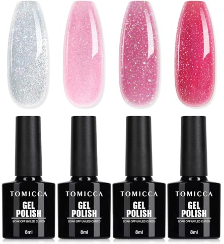TOMICCA UV Nagellack Glitzer Rosa Set, 4 Farben Transparenter Rosa Rot Glitter Gel Nagellack, UV Lampe Soak-Off UV/LED Schellack Nagellack, für Nagelstudio und DIY Maniküre zu Hause, 8ML