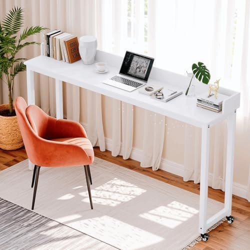 Clevich Overbed Table with Wheels, Queen/Full Size, Mobile Computer Desk Laptop Cart, Dining Bar Table or Laptop, Rolling Bed Bar Table, 71 W x 16 D x 41 H (Textured White)