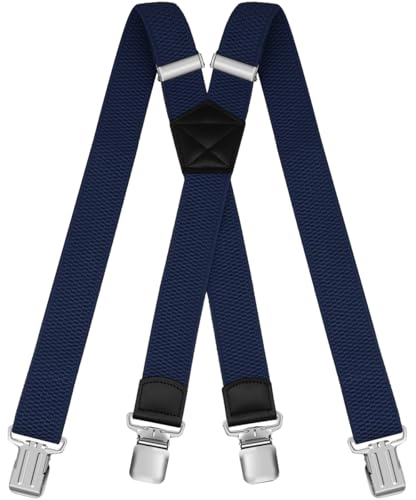 HNOOM Hosenträger für Herren Damen: Breit 3.8 cm, Einstellbar und Elastisch Arbeitshose Hosenträger, 4 Starken Metall Clip, X Form, Einheitsgröße für Männer und Frauen (Marineblau)